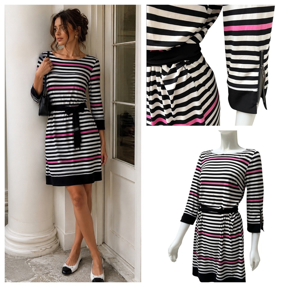 Laundry by Design Striped Mini Dress Pink Black Mod Preppy Retro Belted Medium